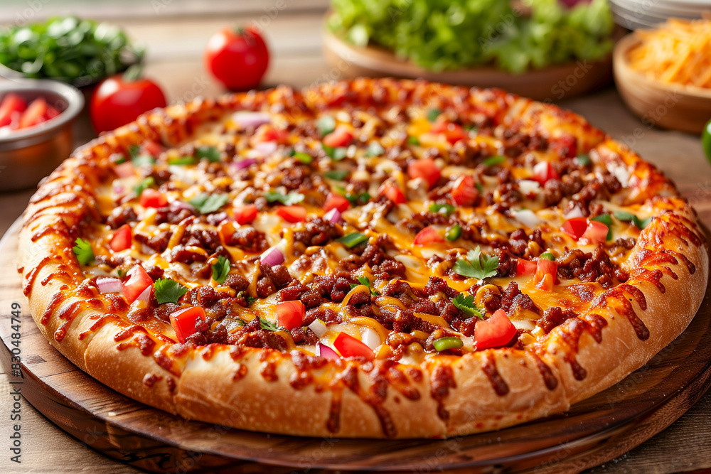 Taco Pizza with seasoned ground beef, cheddar cheese, lettuce, and tomatoes. Taco Pizza with seasoned ground beef, cheddar cheese, lettuce, and tomatoes.