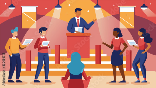 In the gymnasium the debate team paces back and forth rehearsing their speeches and gestures to perfect their delivery.. Vector illustration