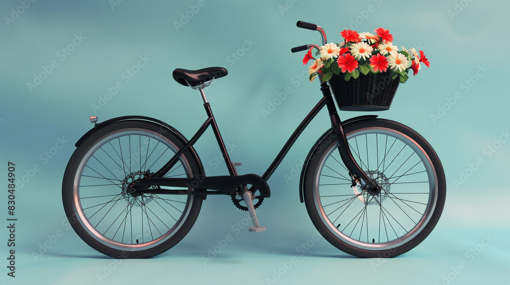 A modern black bicycle with a minimalistic flower display in the front basket, fully captured on a breezy light blue background.