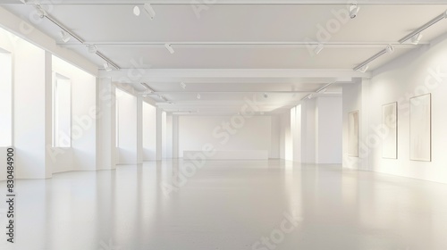 A pristine white gallery space with minimalist decor and soft lighting, providing an ideal setting for showcasing artwork and creative installations.
