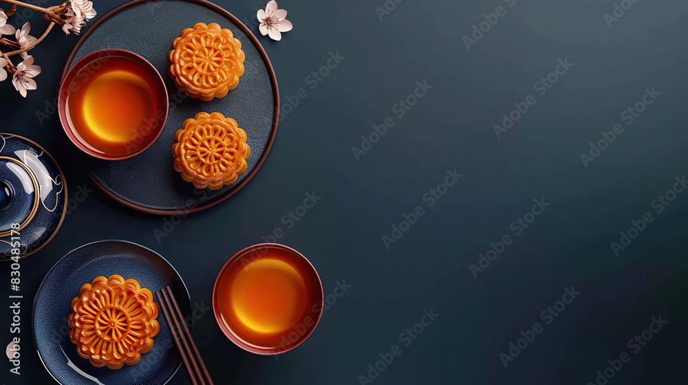 Abstract Mid Autumn Festival mooncake and tea on dark blue background, Generative ai Abstract Mid Autumn Festival mooncake and tea on dark blue background, Generative ai