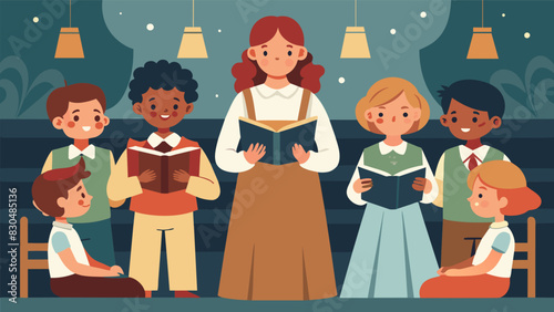 During a school assembly students act out a scene from a classic novel bringing literary characters to life and showcasing the importance of reading.. Vector illustration