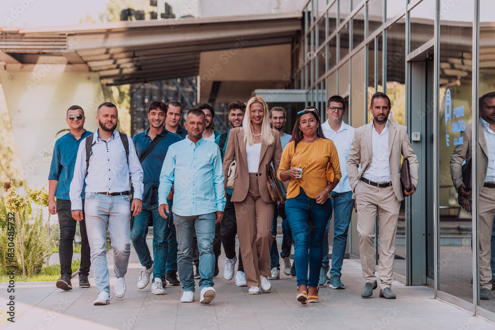 A diverse group of businessmen and colleagues walking together by their workplace, showcasing collaboration and teamwork in the company.