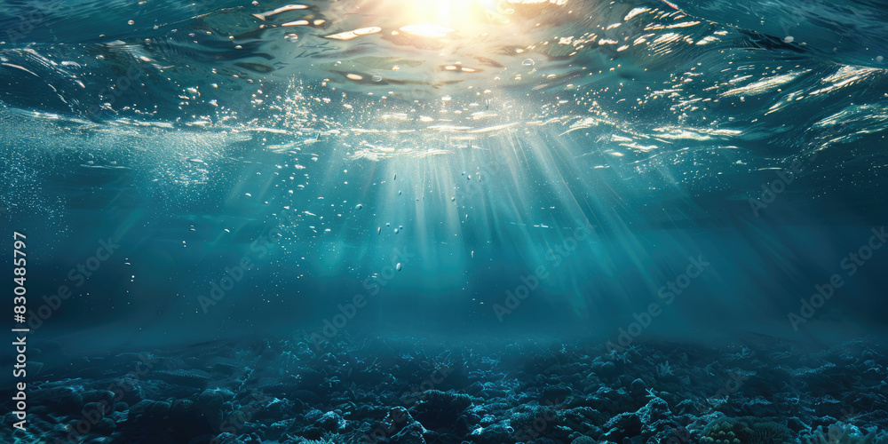 Underwater scene with sunlight shining through the water