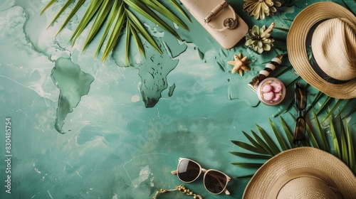An arrangement of travel essentials, sunglasses, and tropical elements, providing a spacious area for copy.