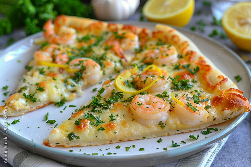 Shrimp Scampi Pizza with garlic butter shrimp, lemon zest, and parsley. Shrimp Scampi Pizza with garlic butter shrimp, lemon zest, and parsley.