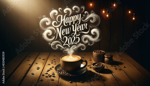 A cup of coffee on a wooden table, with the text 'Happy New Year 2025' in the steam rising from the cup - Generative AI