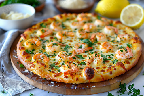 Shrimp Scampi Pizza with garlic butter shrimp, lemon zest, and parsley.