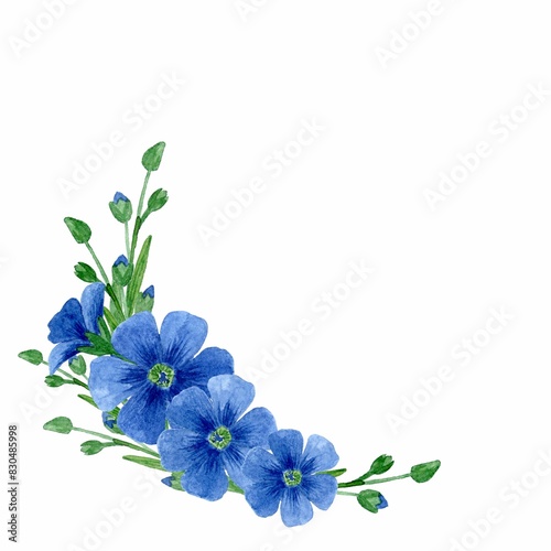 Wreath of blue flax flowers. Watercolor hand drawn illustration on white background. Healthy food, diet and cosmetic products. Template for design textiles, printing, packaging.