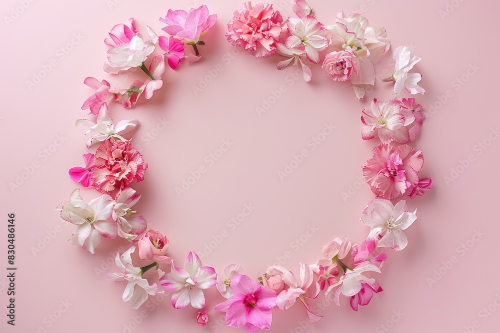 Blooms arranged in a circular pattern on a solid surface, forming a visually appealing frame with negative space in the center, perfect for adding text or graphics in a whimsical and feminine style.