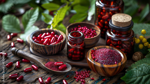 Antiaging benefits of Astaxanthin for reduced signs of aging. Red herbal supplements in capsules, powder and liquid form on rustic wooden background. photo