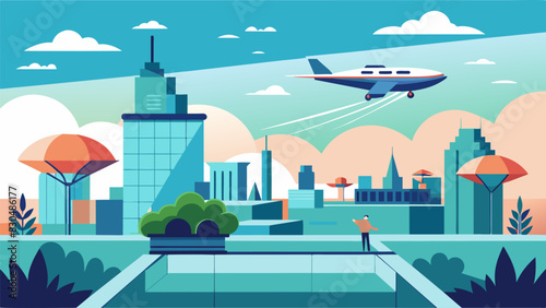 The calm serenity of a rooftop garden is interrupted as noiseless air taxis land and take off providing a unique perspective on the city below for their passengers.. Vector illustration