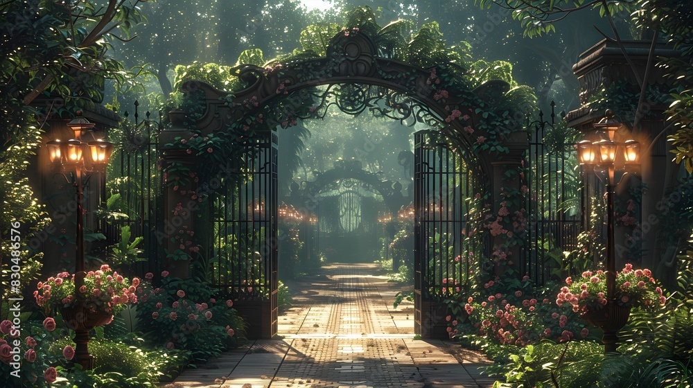 A large archway with a garden in front of it