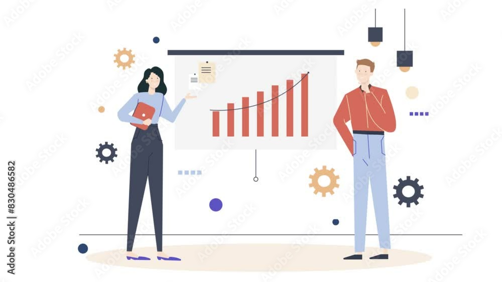 analyst team presenting data and investment target. business animated illustration. business animation video analyst team presenting data and investment target. business animated illustration. business animation video