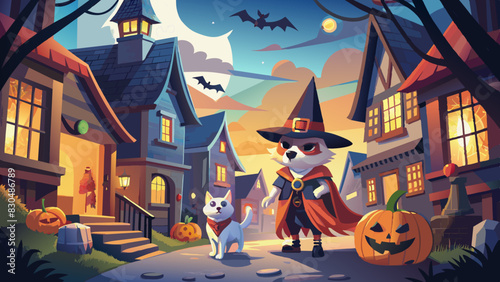 Enchanting Halloween Town: Cats in Costumes under Twilight Sky
