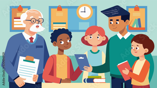 As the school hosts a college fair older students guide their younger peers around sharing insights and advice on how to prepare for college applications and interviews.. Vector illustration