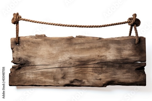 Drift wood plank sign hanging rope white background.