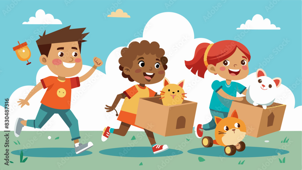 Excited children run alongside their floats decorated cardboard boxes with their beloved hamsters and gerbils safely inside enjoying the ride.. Vector illustration Excited children run alongside their floats decorated cardboard boxes with their beloved hamsters and gerbils safely inside enjoying the ride.. Vector illustration
