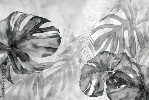 A black and white painting of a leafy plant with a leafy stem