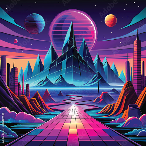 Abstract digital landscapes featuring virtual reality realms in vibrant cyberspace colors