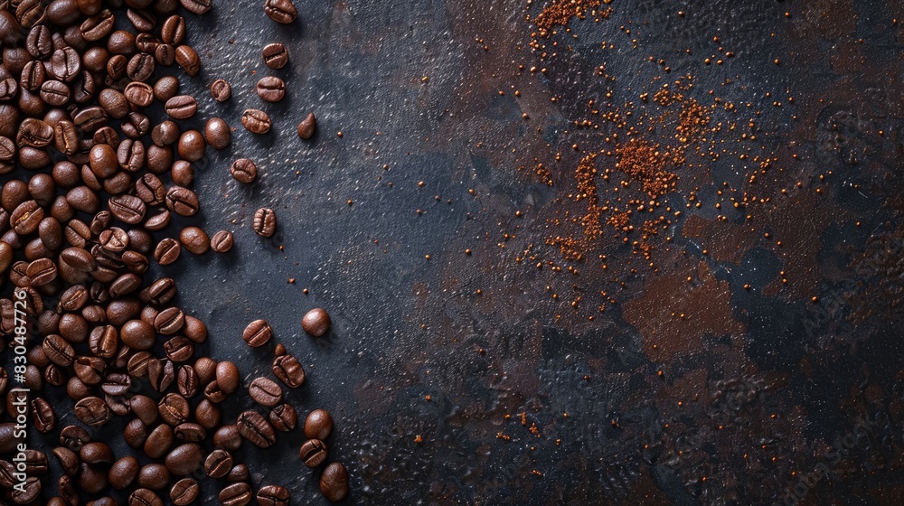 Close up top view of a background of brown roasted coffee beans with space for text Close up top view of a background of brown roasted coffee beans with space for text