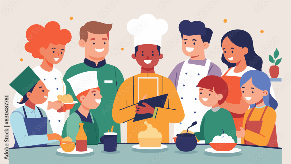 Aspiring chefs come together in a peer learning workshop on cooking learning from one anothers family recipes and cooking ods. The aroma of delicious dishes fills the room as the. Vector illustration