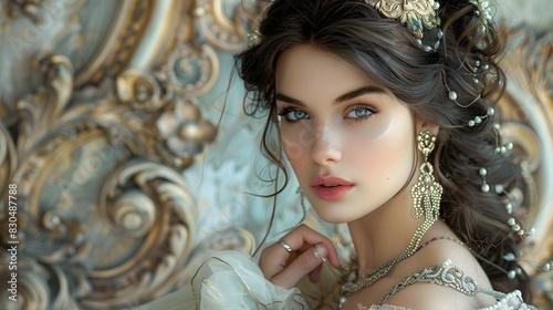 a elegant woman adorned in Art Nouveau-inspired jewelry and attire