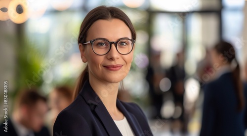 A businesswoman wears glasses and suit jacket stands in front of her team, confident and professional with a blurred background of office workers working together to achieve success. generative AI