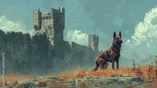 Amidst the ruins of an old fortress, a stray dog stands guard, a silent sentinel of forgotten histories. photo