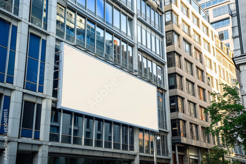 Historic business quarter featuring a quaint blank billboard and a modern office building. photo