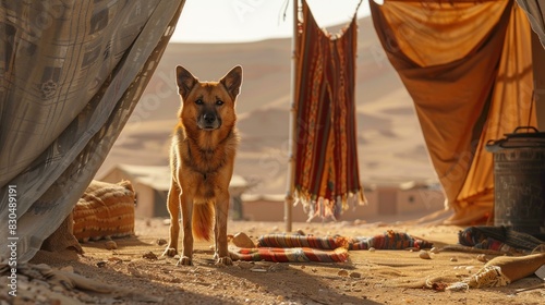 At the entrance to a traditional Berber tent, a faithful dog stands guard, its loyalty unwavering as it protects its family from harm.
