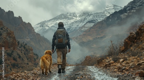 In the foothills of the Atlas Mountains, a loyal dog accompanies its master on a journey through rugged terrain, their bond unbreakable. photo