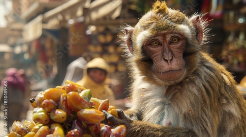 In the heart of a bustling souk, a mischievous monkey steals dates from unsuspecting passersby, its antics bringing laughter to the crowded streets.