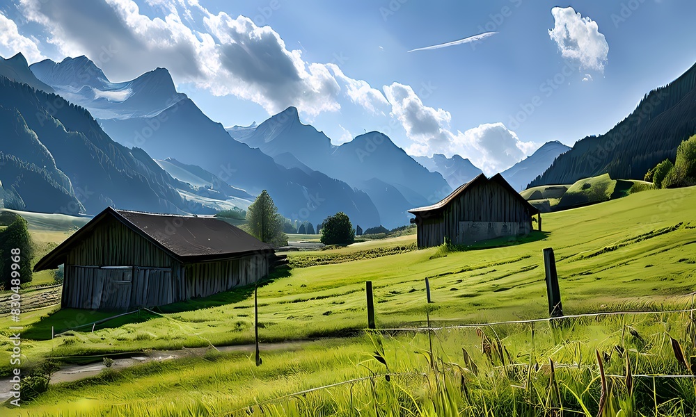 Schwaegalp farm nestled in the swiss mountains foreground of lush verdant fields, Ai Generated