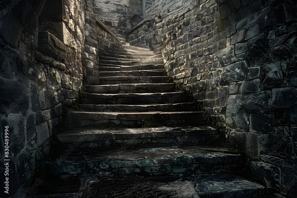 A dark stairwell with a light shining on the steps