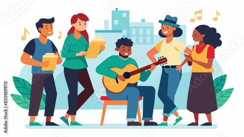 A bustling street corner where a group of street performers teach passersby how to play basic chords on the guitar spreading their love for music to the community.. Vector illustration