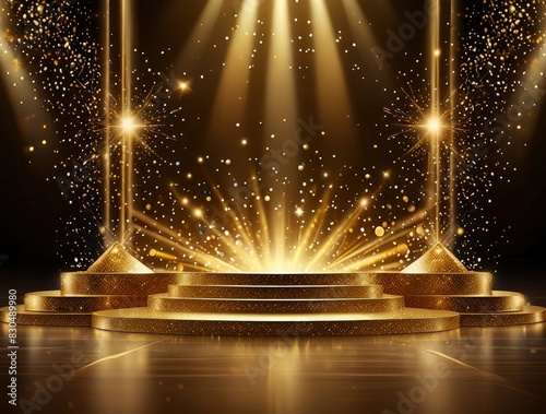 Gold stage scene with glitter light effects decorations and bokeh. Luxury background design concept - Generative ai