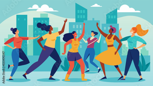 In a show of unity and creativity dancers from different neighborhoods come together to surprise the city with their community dance flash mob.. Vector illustration