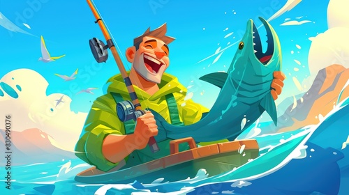A cheerful young fisherman beams proudly as he displays a large fish thrilled with his successful fishing expedition Dressed in a vibrant green outfit the satisfied man embodies the joy of h © AkuAku