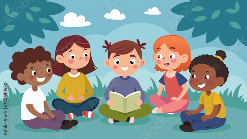As the story draws to a close the children sit back and soak in the last few words their faces filled with contentment and the joy of a good story.. Vector illustration