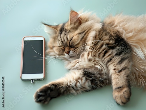 Persian Cat Embraces Modern Life Peacefully Snoozing with a Smartphone photo