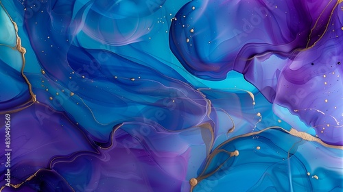 : A vibrant alcohol ink abstract background featuring swirling blues and purples with delicate gold accents, creating a mesmerizing visual effect.