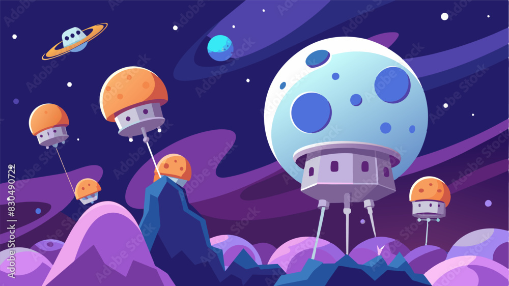 The low gravity on the lunar surface allowed the eVTOLs to effortlessly glide through the air transporting colonists from one end of the settlement to another.. Vector illustration The low gravity on the lunar surface allowed the eVTOLs to effortlessly glide through the air transporting colonists from one end of the settlement to another.. Vector illustration