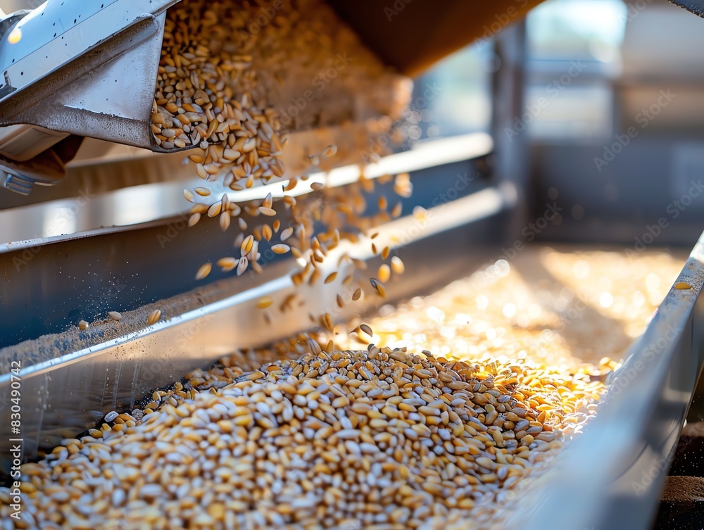 Grain auger moving grain into a silo, capturing the mechanical process Grain auger moving grain into a silo, capturing the mechanical process