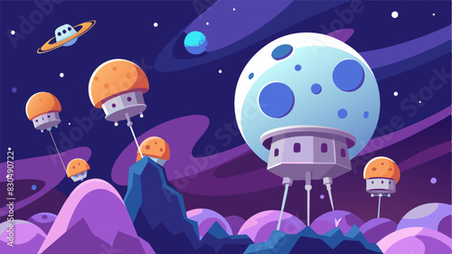 The low gravity on the lunar surface allowed the eVTOLs to effortlessly glide through the air transporting colonists from one end of the settlement to another.. Vector illustration