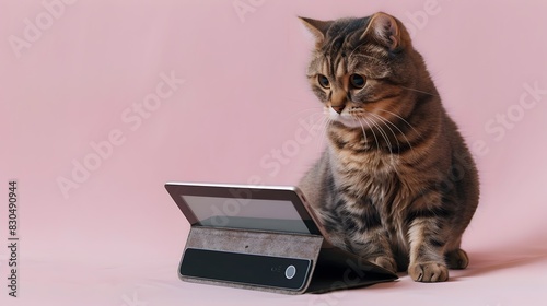 Scottish Fold Cat Embraces Technology Utilizing a Tablet on a Pink Background © LookChin AI