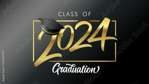 Class of 2024 Congratulation golden luxury calligraphy web slide. Congratulations graduates with black graduation cap in gold colors frame. Vector illustration