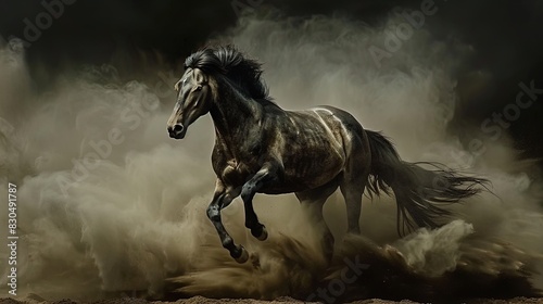 Galloping grey horse kicking up dust in motion. Dynamic studio action shot. Strength and speed concept. Design for poster  wallpaper  banner.
