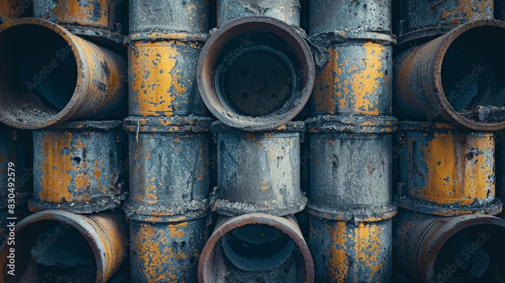 Zoomed-in shot of cement pipes in an outdoor warehouse, highlighting the gritty surface and structured stacking