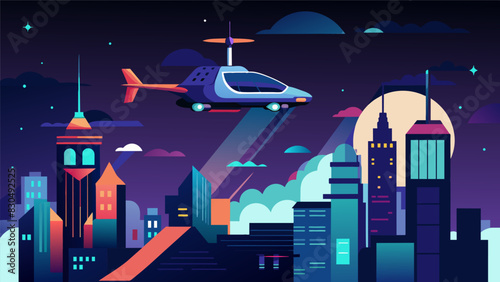 The citys nightlife was elevated to new heights quite literally with the flying taxis providing a unique and exciting way to explore the city at night.. Vector illustration